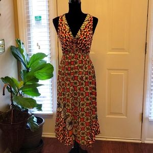 USINDO cream olive green dark orange beaded empire waist sleeveless dress S…EUC